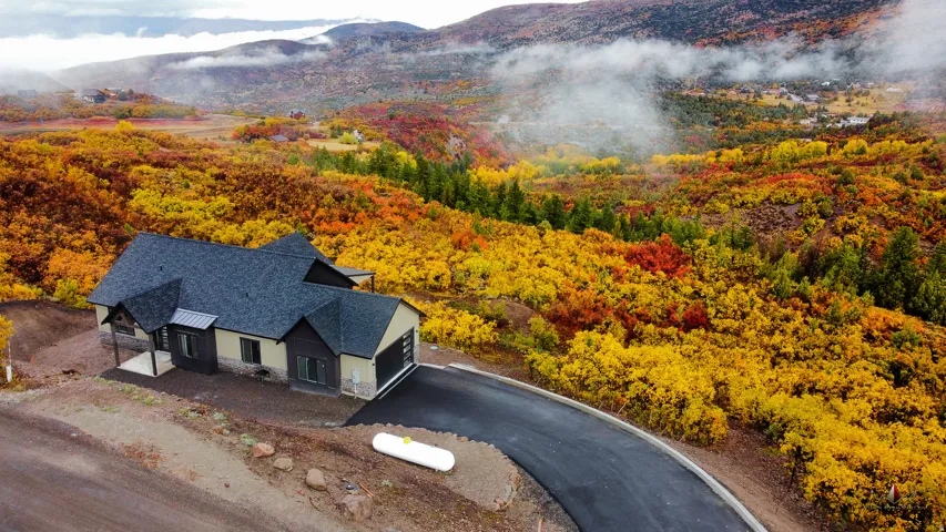 Aerial view of property and surrounding area with a mountainous background and a forest