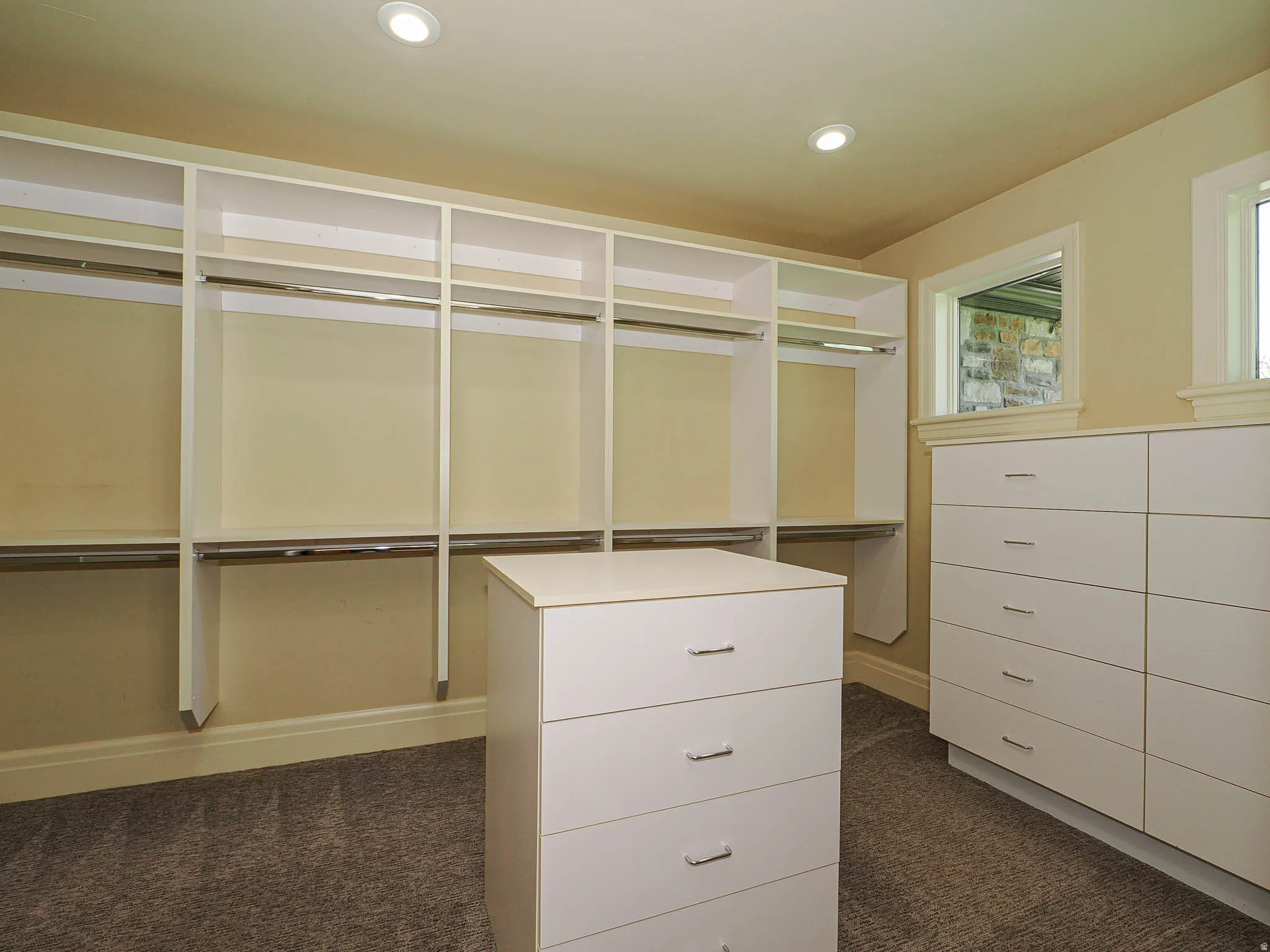 Walk in closet with dark carpet