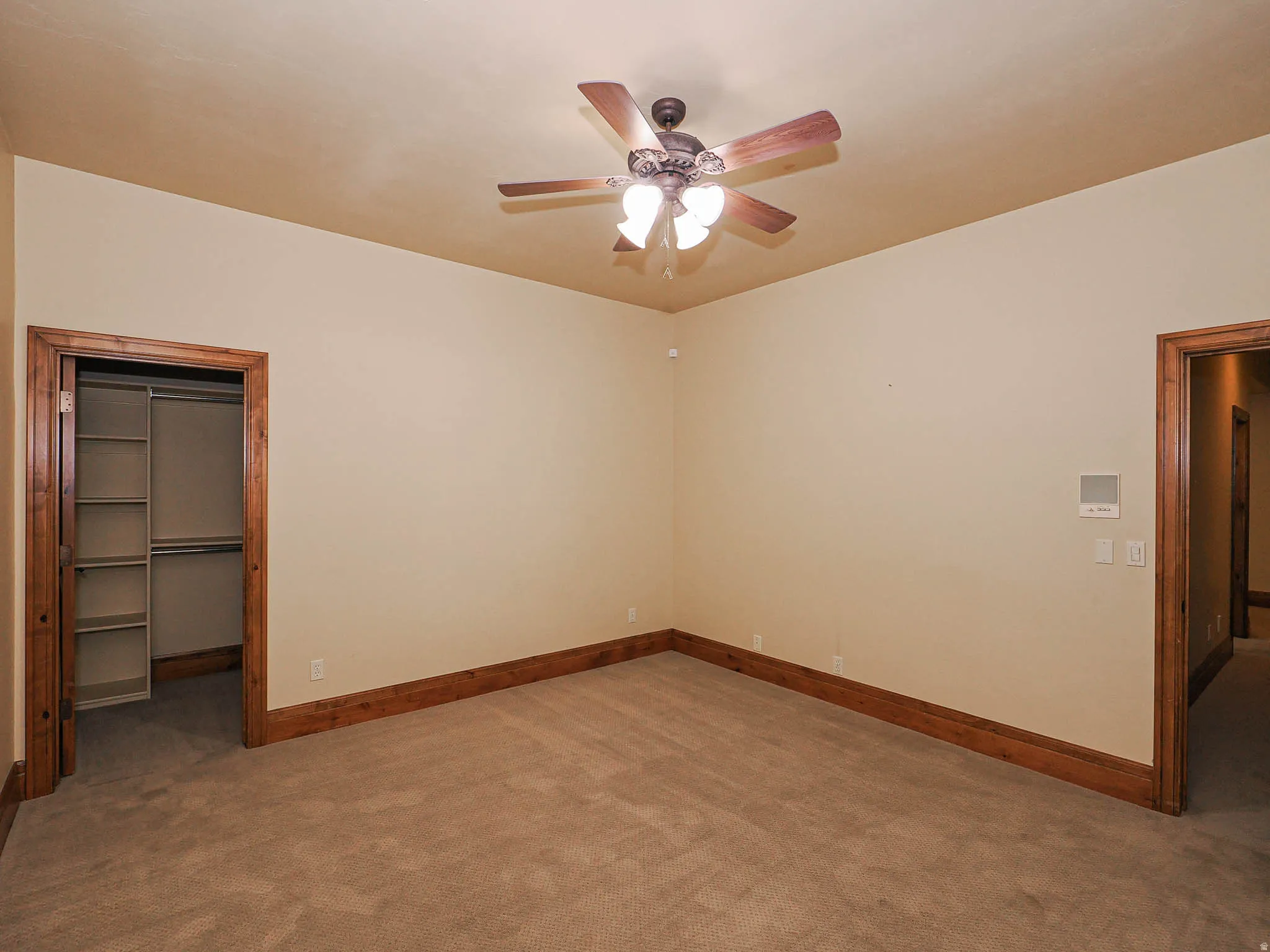 Unfurnished bedroom featuring a walk in closet, light carpet, and a ceiling fan