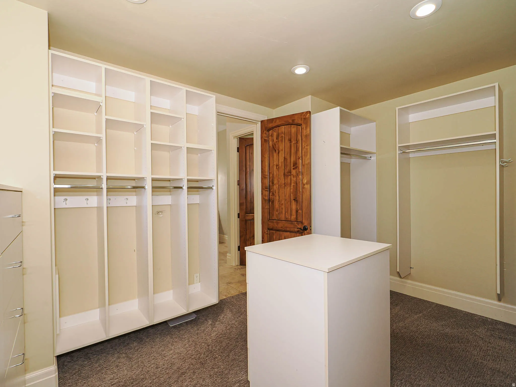Walk in closet with dark colored carpet