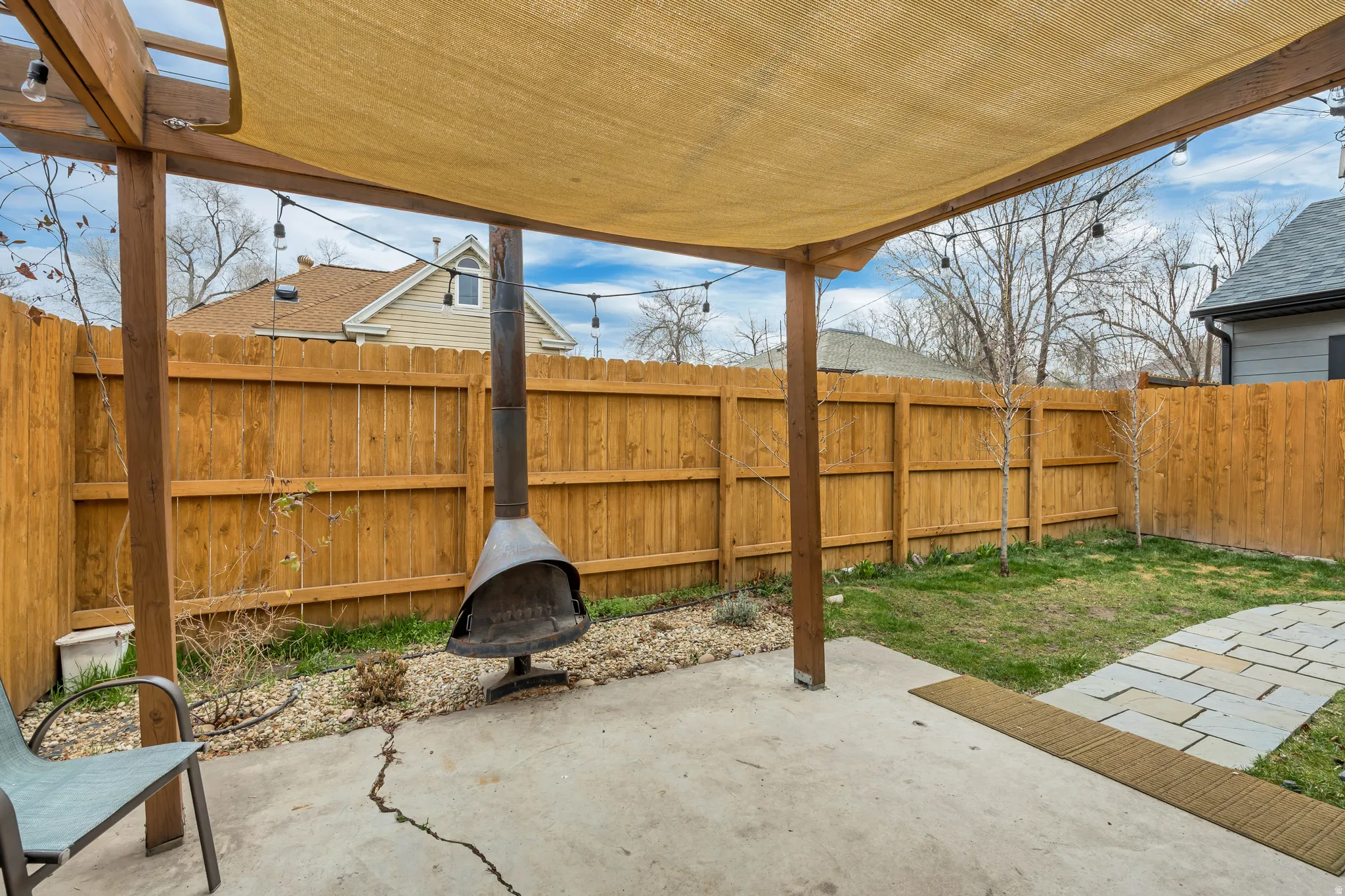 Fenced backyard featuring a patio and an outdoor fire pit