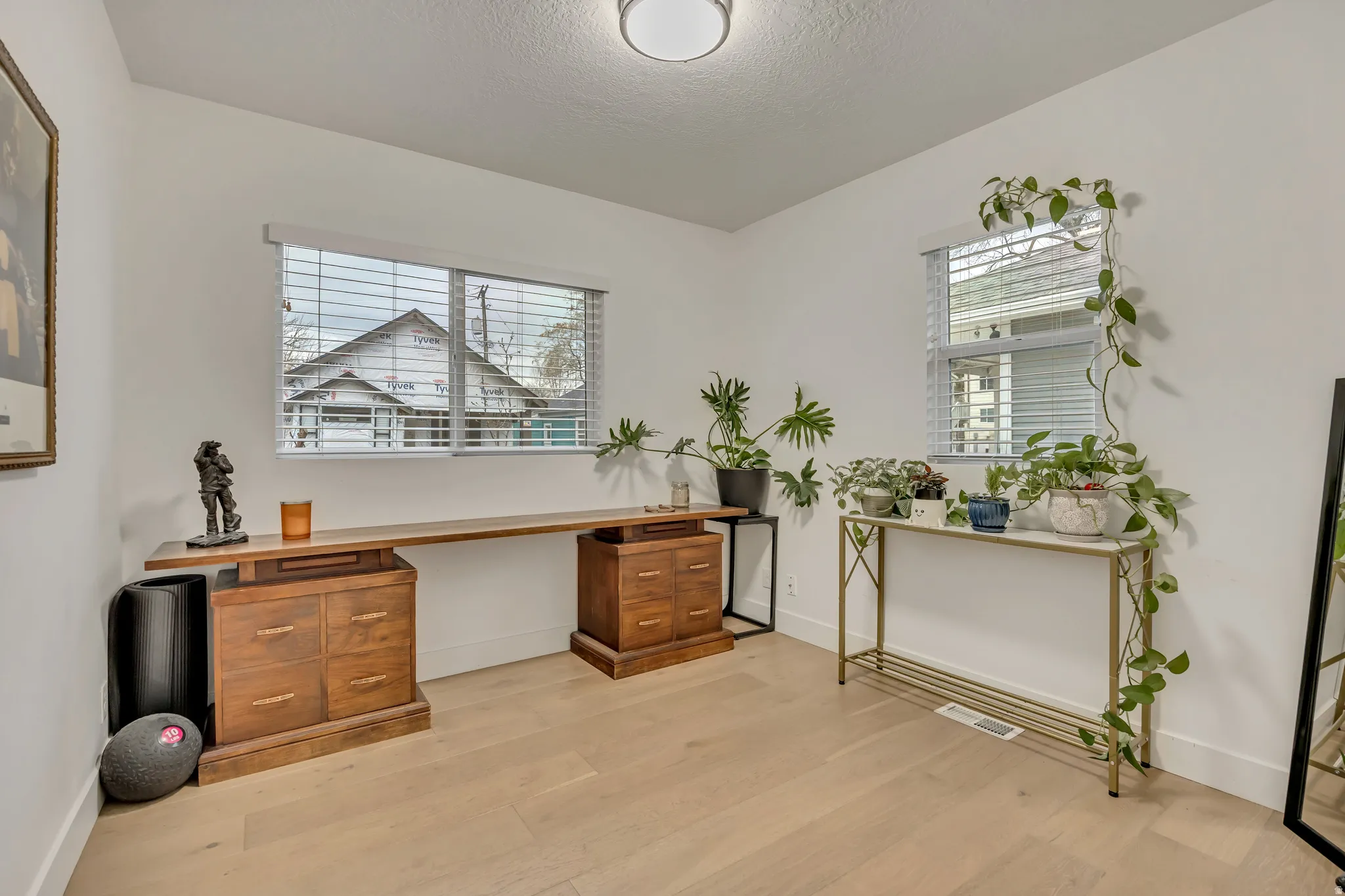 Office with light wood-style floors, plenty of natural light, and a textured ceiling