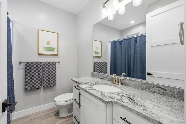 Bathroom featuring vanity, a shower with curtain, and light wood-style floors