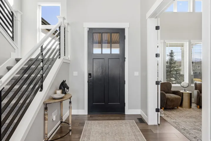 Foyer featuring healthy amount of natural light, dark wood flooring, and a high ceiling