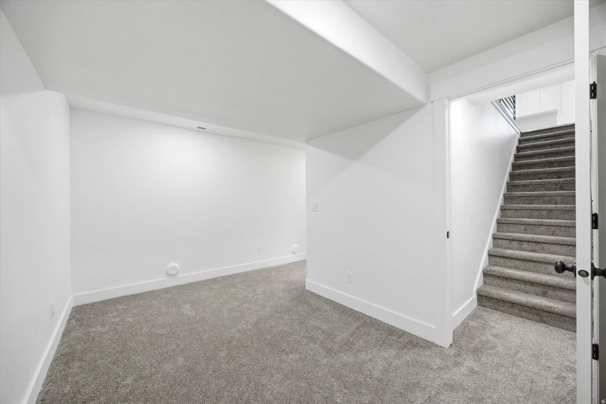 Finished below grade area featuring carpet floors and stairs