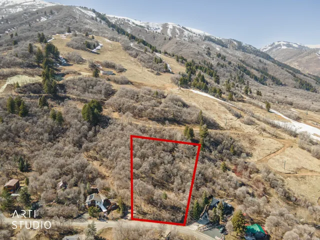 Aerial overview of property's location featuring property boundaries highlighted and mountains