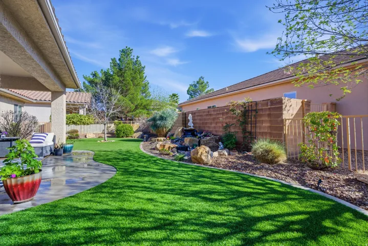 Fenced backyard with a patio area