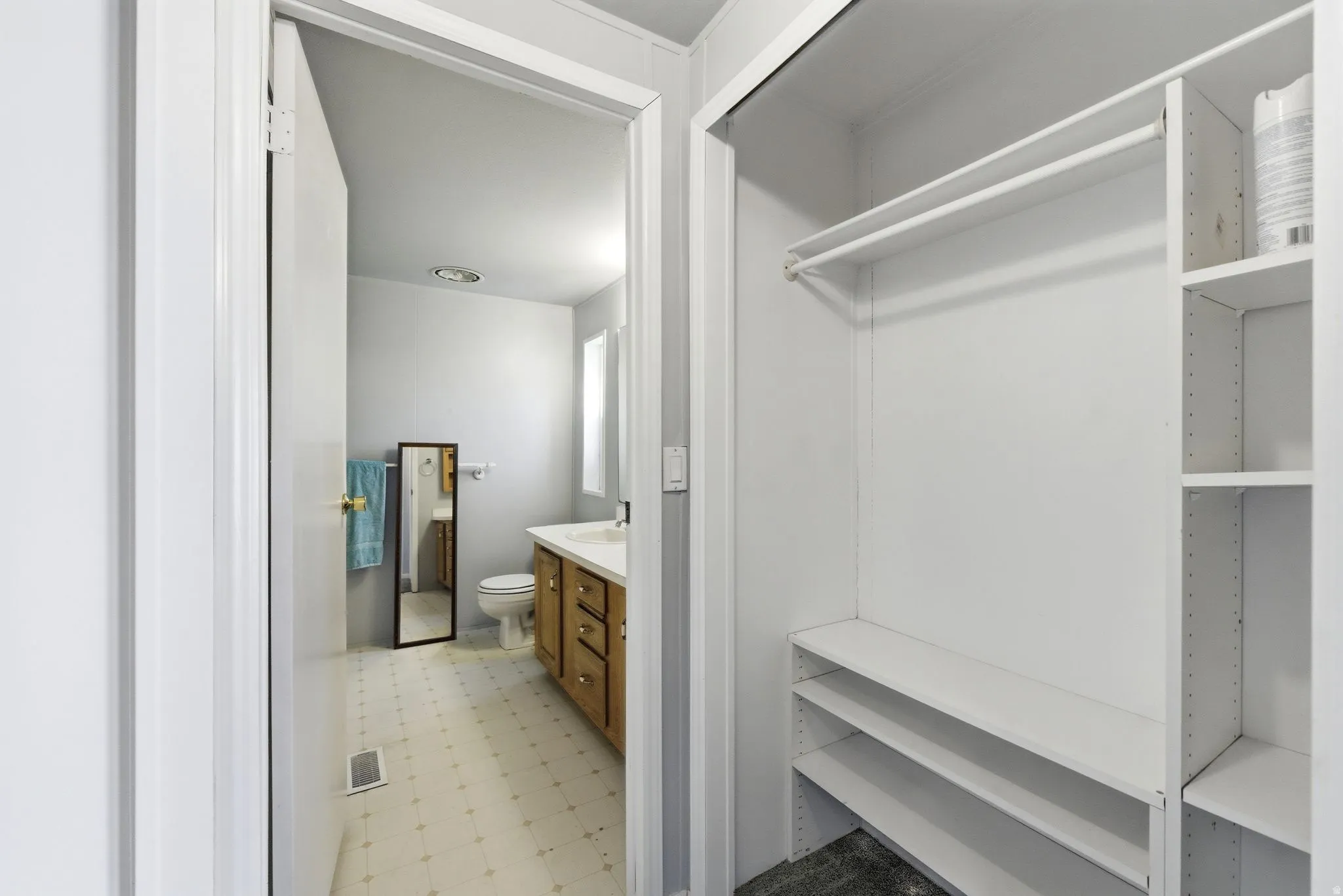 Closet and Bathroom featuring light flooring and vanity