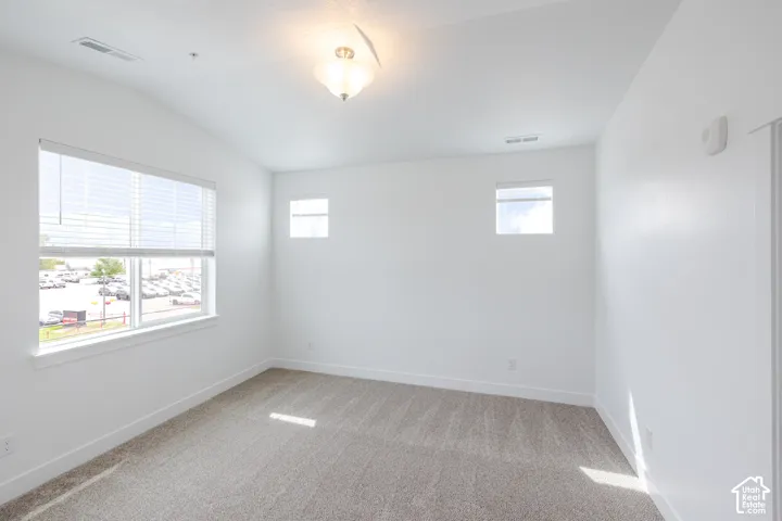 Neutral tone carpet flooring with white walls, multiple windows, and a ceiling-mounted light fixture