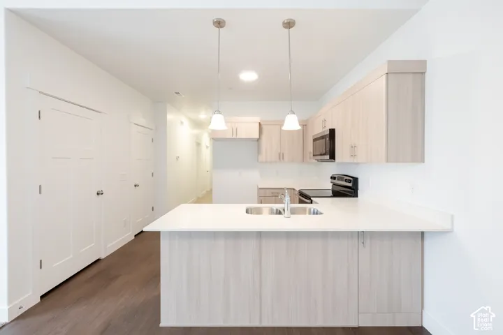 Kitchen island with a double basin sink, light wood-finish cabinetry, stainless steel appliances, and wood-finish flooring