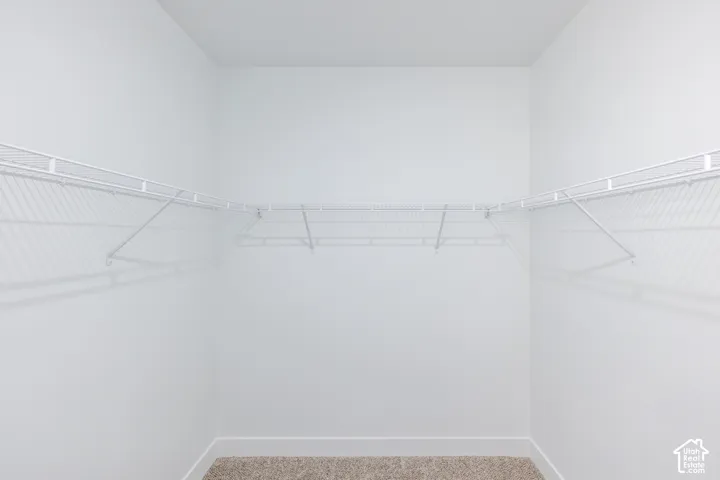 Built-in wire shelving, white wall paint, and carpet flooring