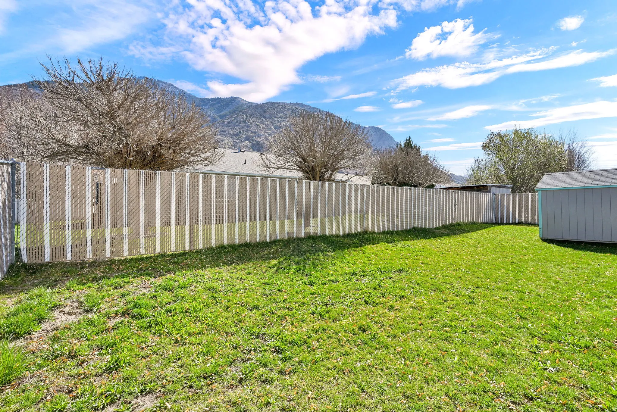 Fenced backyard featuring a mountain view and a storage unit