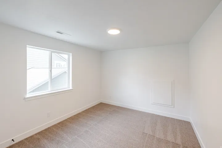 Bright room with a large window, neutral carpet, white walls, white trim, and a flush-mount ceiling light