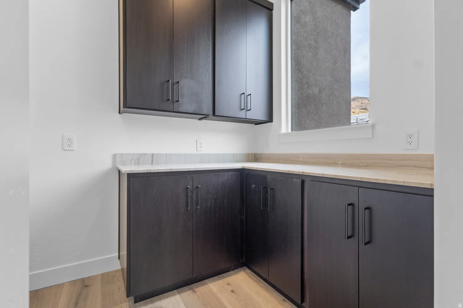 Kitchen featuring light wood finished floors and dark wood finish cabinets