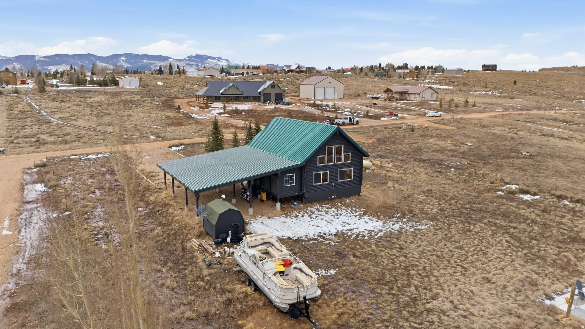 Drone / aerial view of a mountainous background