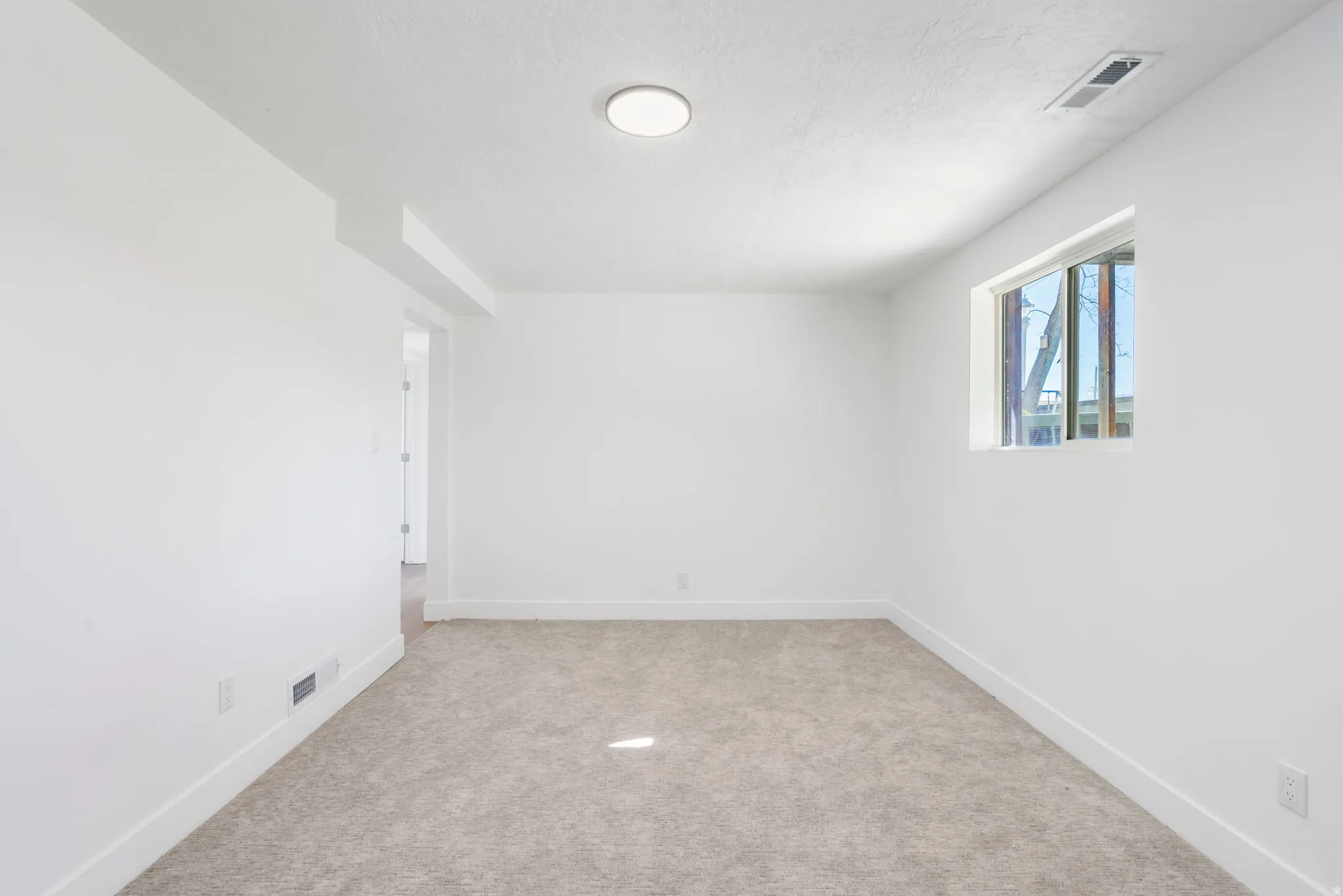 Unfurnished room with baseboards and light colored carpet