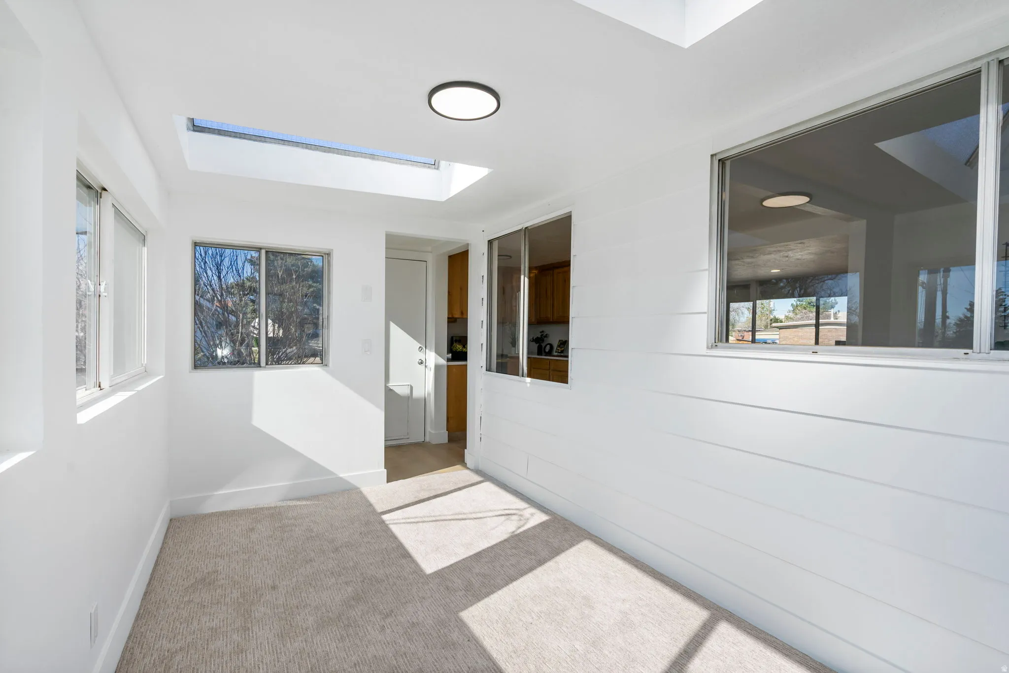 Hallway featuring a skylight, carpet, and healthy amount of natural light