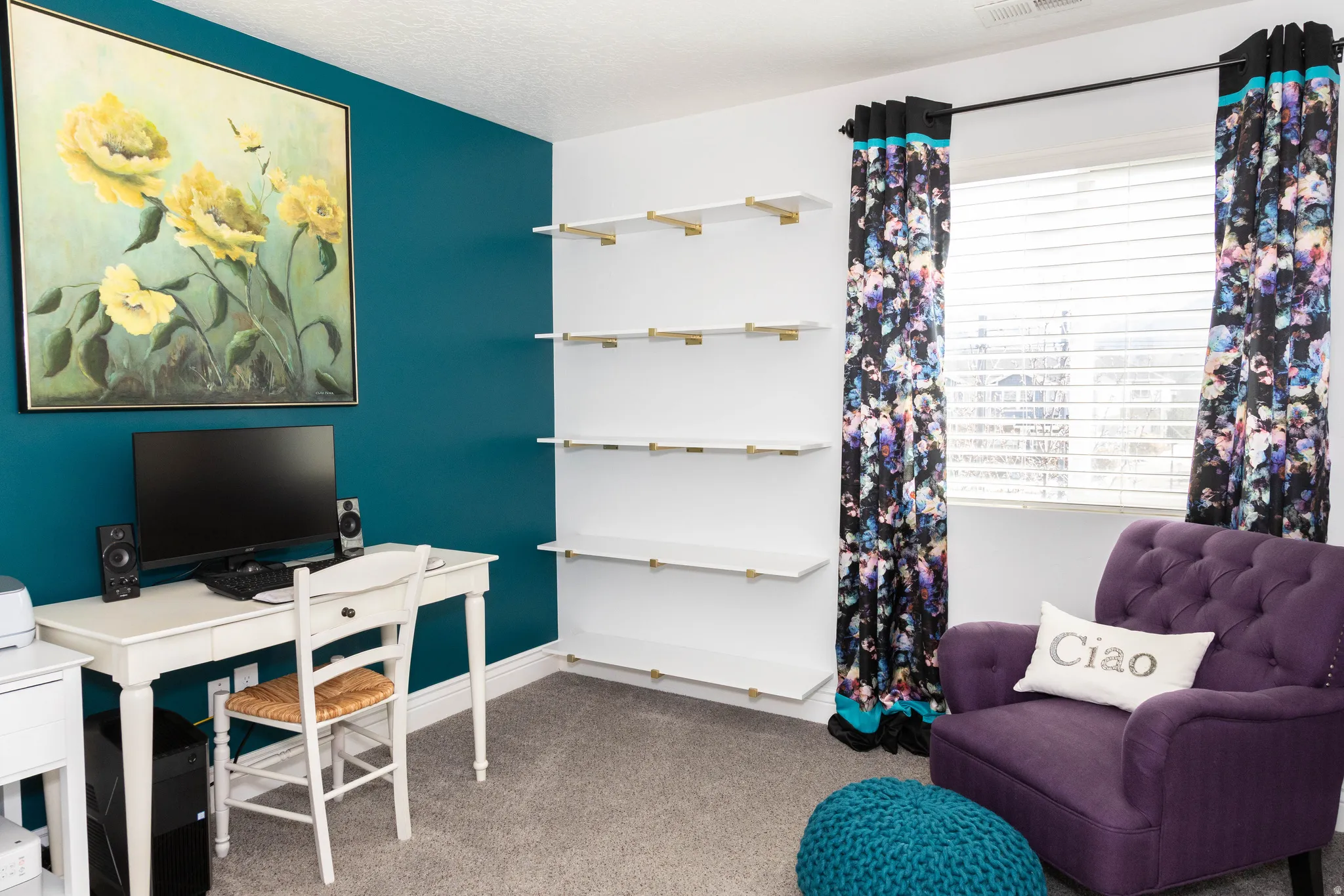 Office space featuring light colored carpet and baseboards
