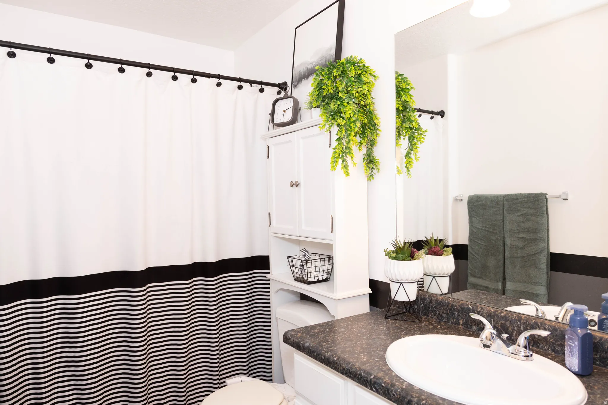 Bathroom with vanity and curtained shower