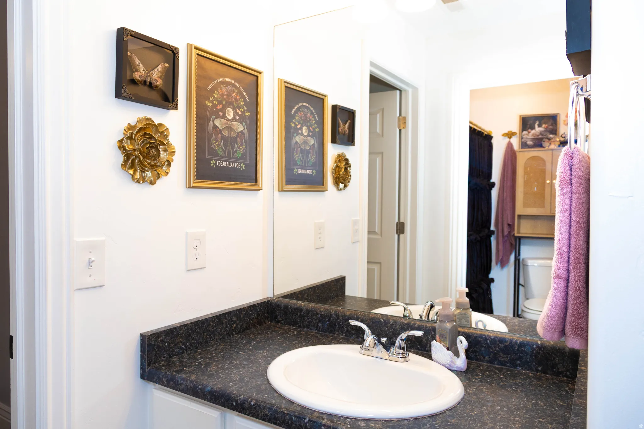 Full bath with vanity and curtained shower