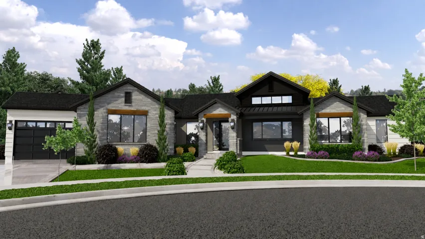 Modern ranch-style residence featuring a combination of stone veneer and dark-toned siding