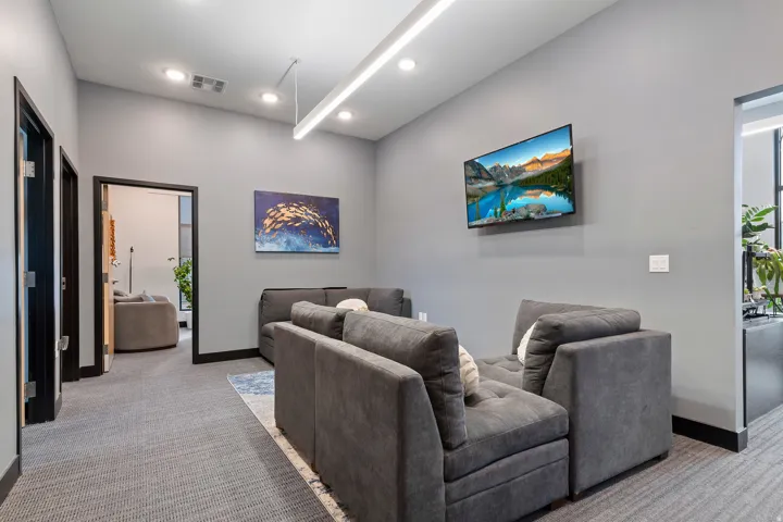 Living area with light colored carpet and recessed lighting