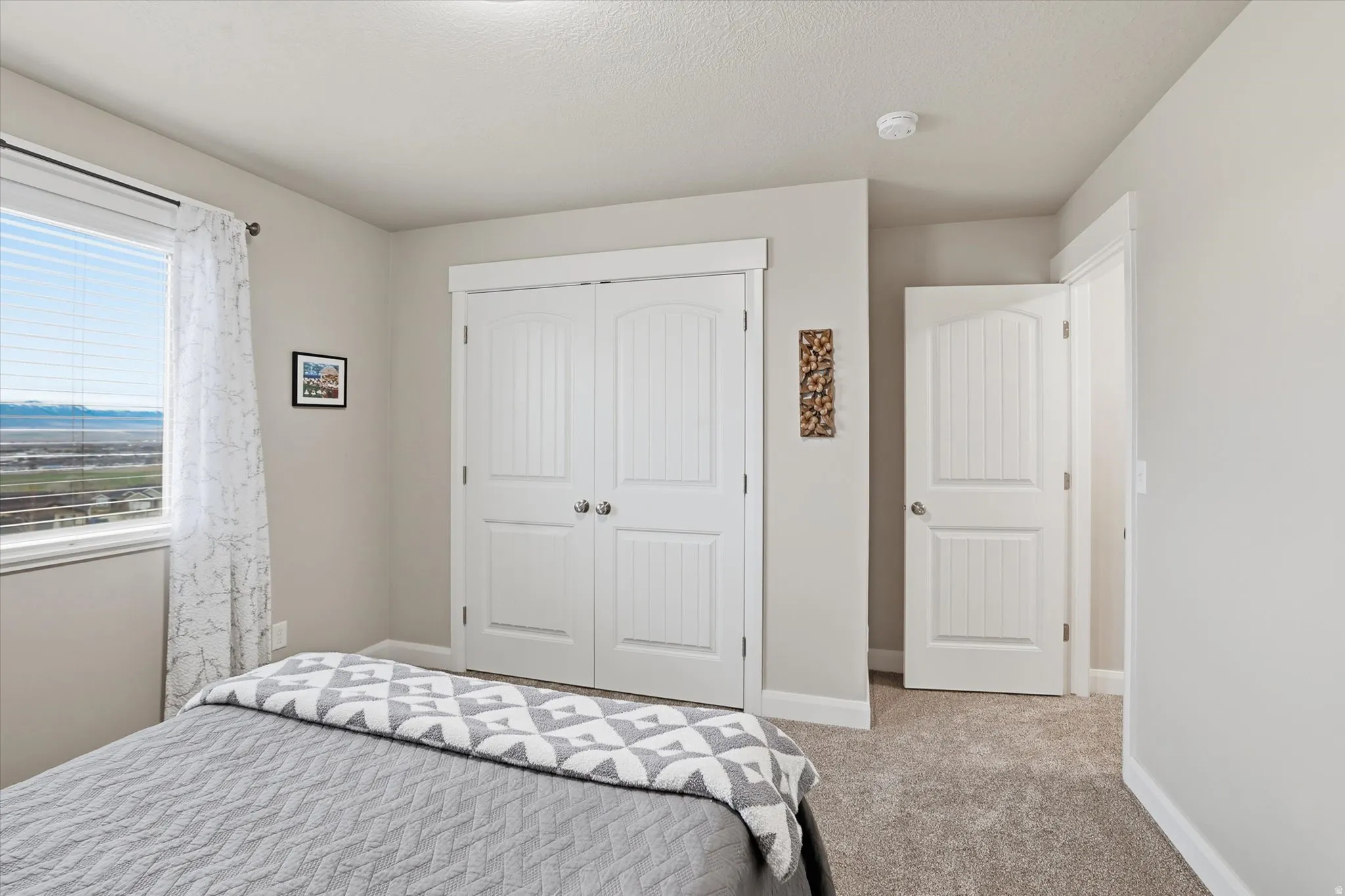 Bedroom featuring carpet and a closet