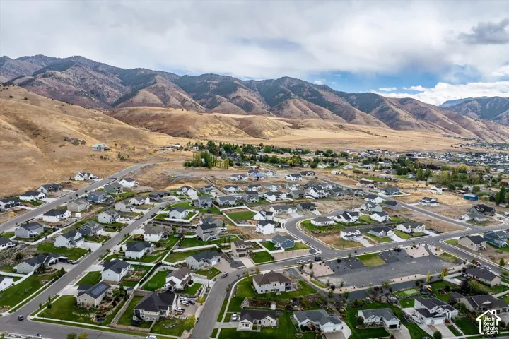 Aerial perspective of suburban area featuring mountains