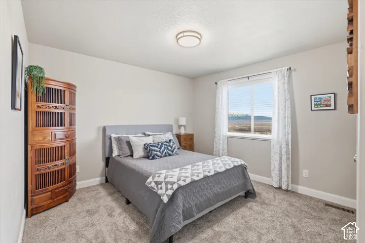 Bedroom featuring light carpet
