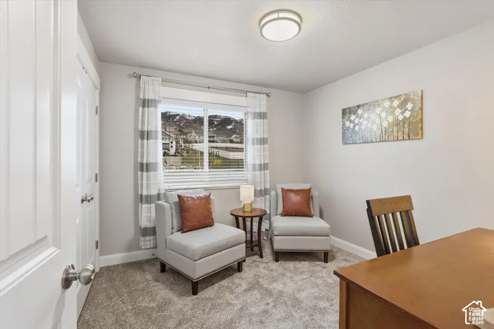 Sitting room featuring light carpet