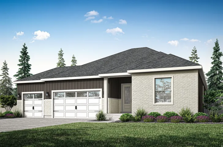 Contemporary ranch-style exterior featuring light-colored brick siding and dark vertical paneling