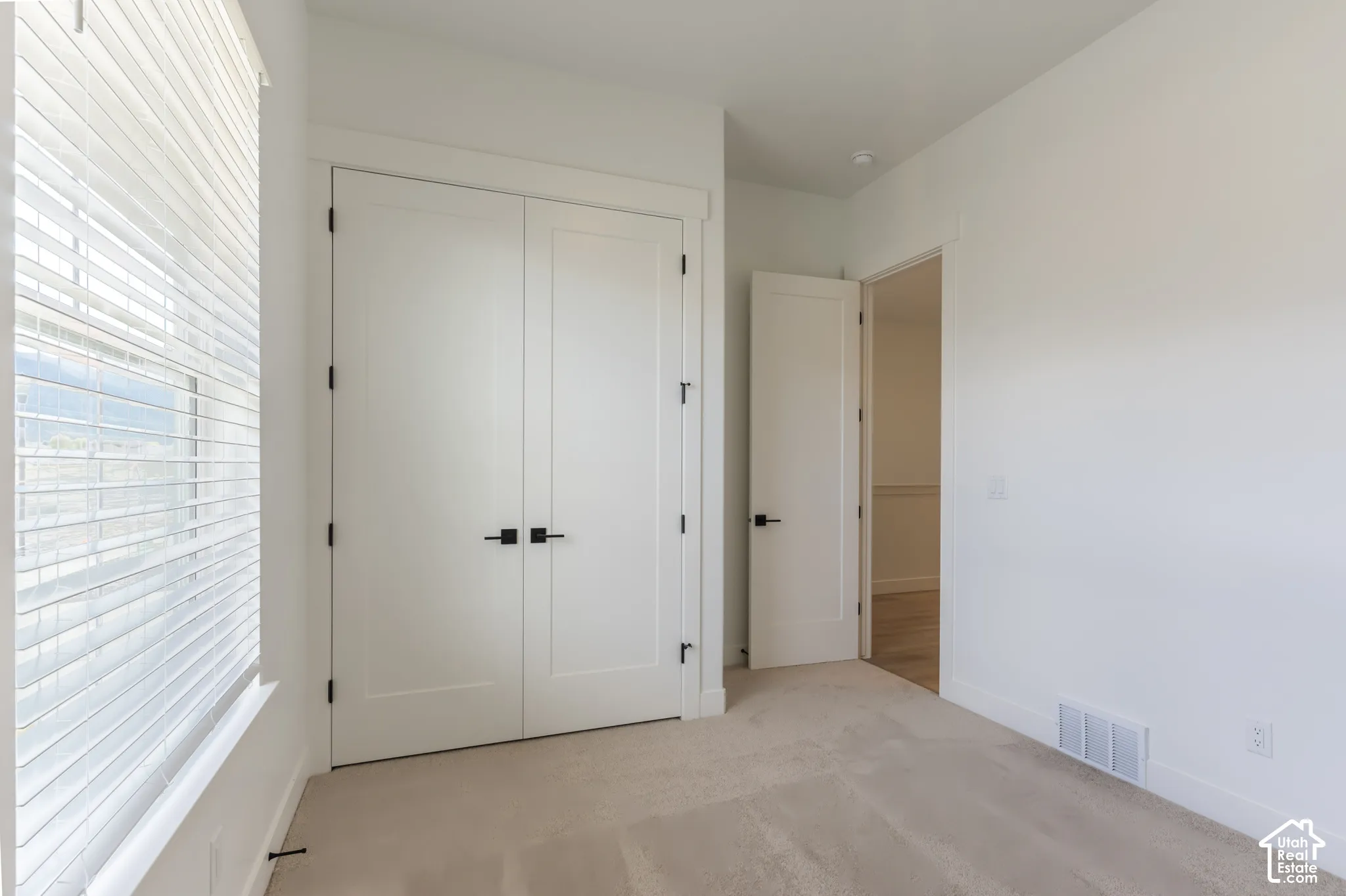 Wall-to-wall carpeting with white walls, white trim, and a white ceiling