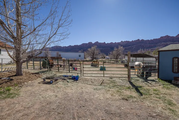 View of yard with an outbuilding, a mountain view, and an exterior structure