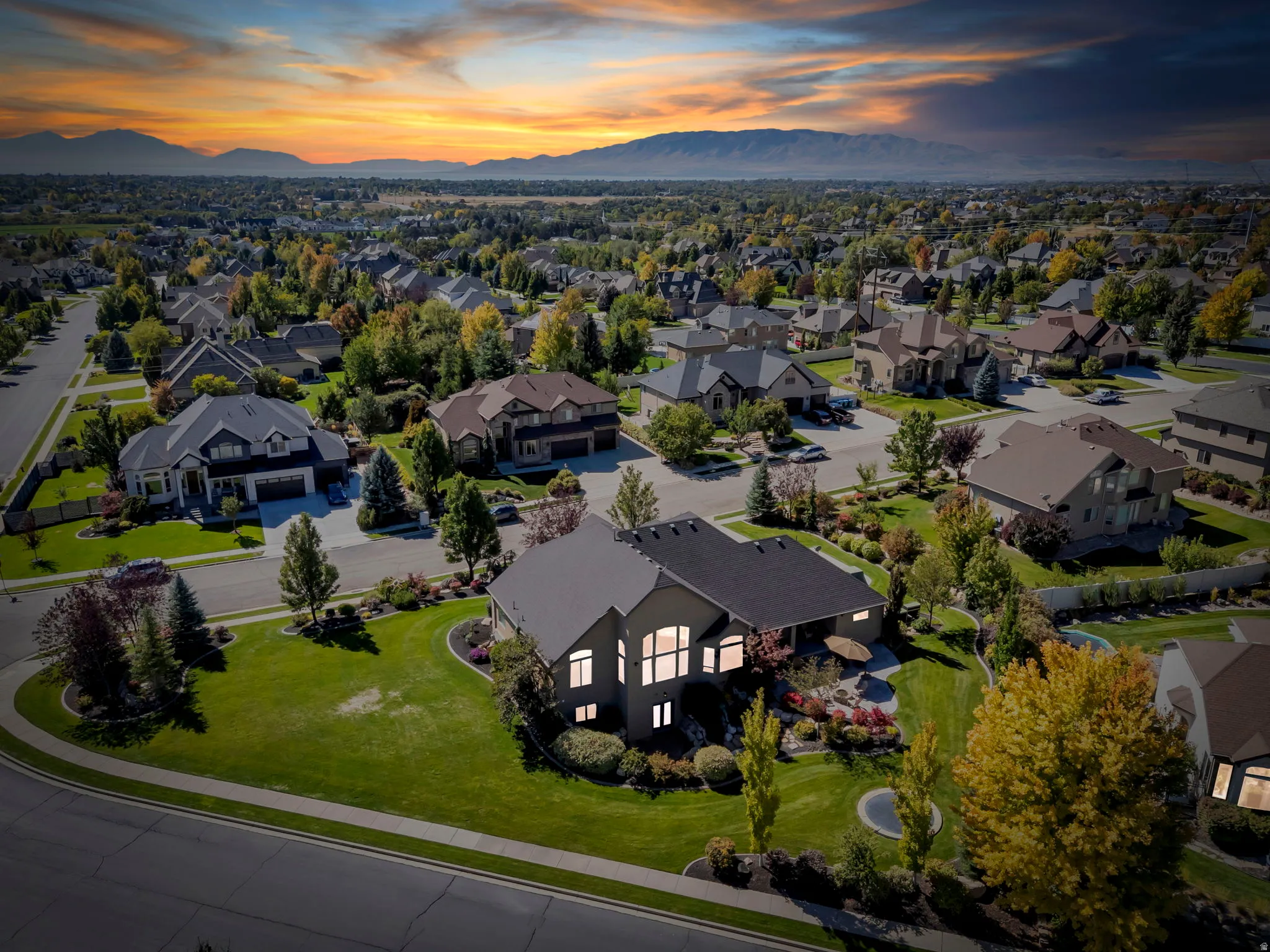 Fall Aerial back of home night view