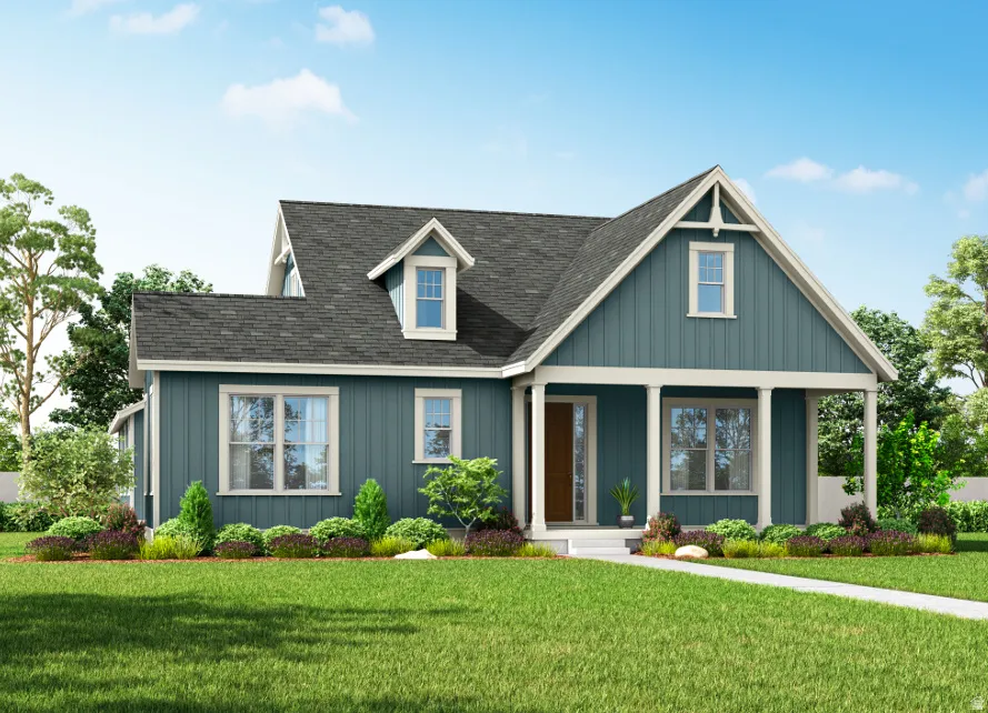 View of front of property featuring a front lawn, covered porch, roof with shingles, and board and batten siding