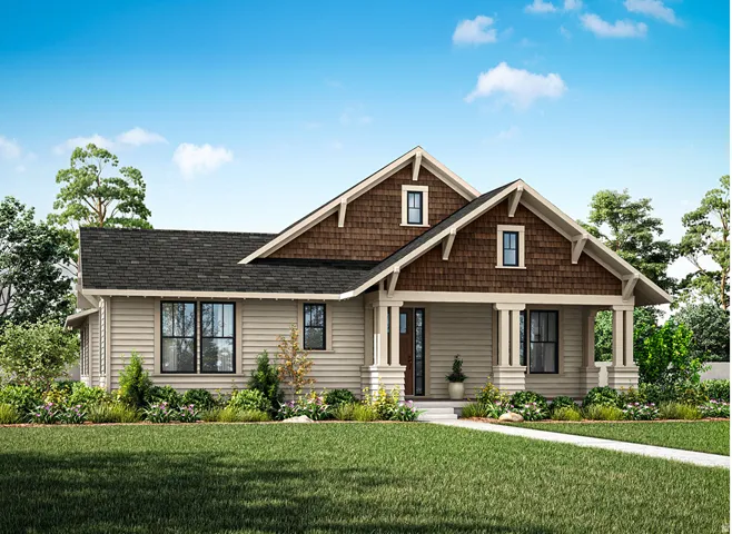 Craftsman inspired home featuring a front lawn, a shingled roof, and a porch