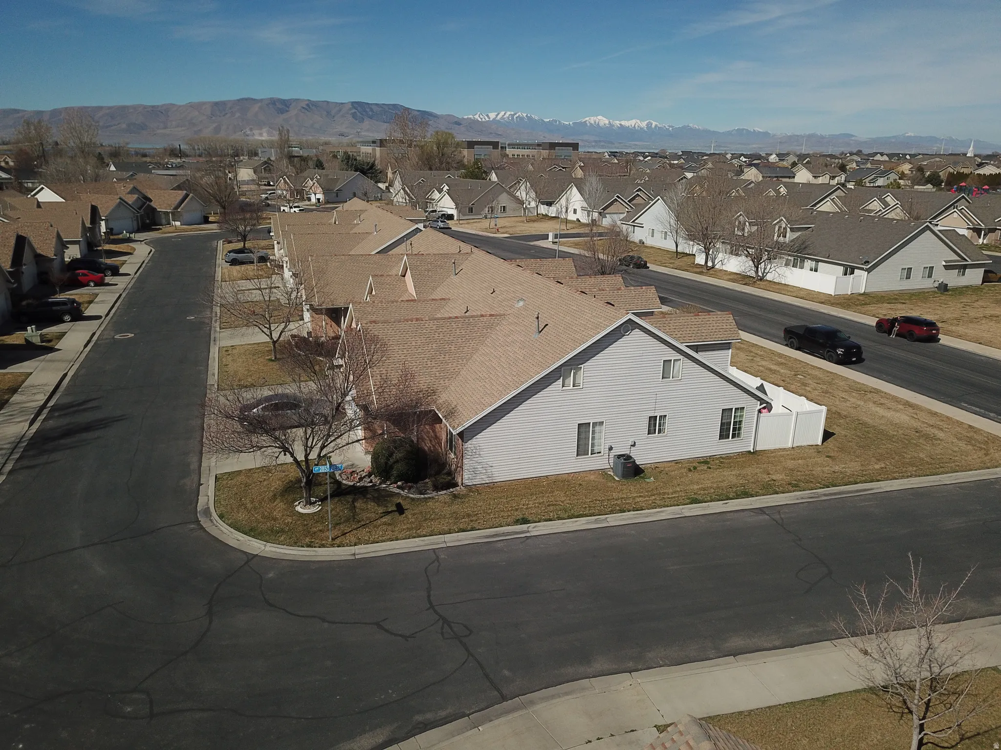 Aerial view of residential area with a mountain backdrop