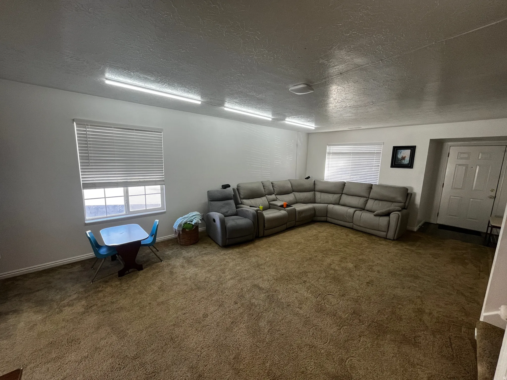 Unfurnished living room featuring carpet, a textured ceiling, and healthy amount of natural light