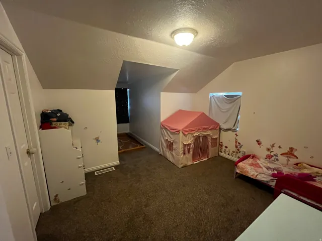 Recreation room with dark colored carpet and baseboards
