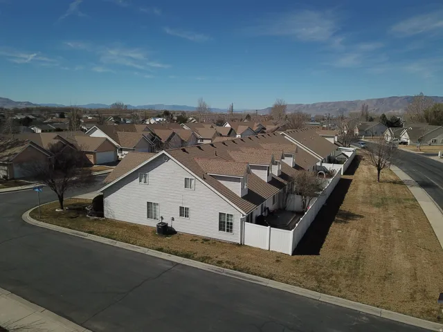 Aerial perspective of suburban area featuring mountains