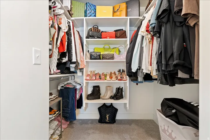 Walk in closet featuring light colored carpet