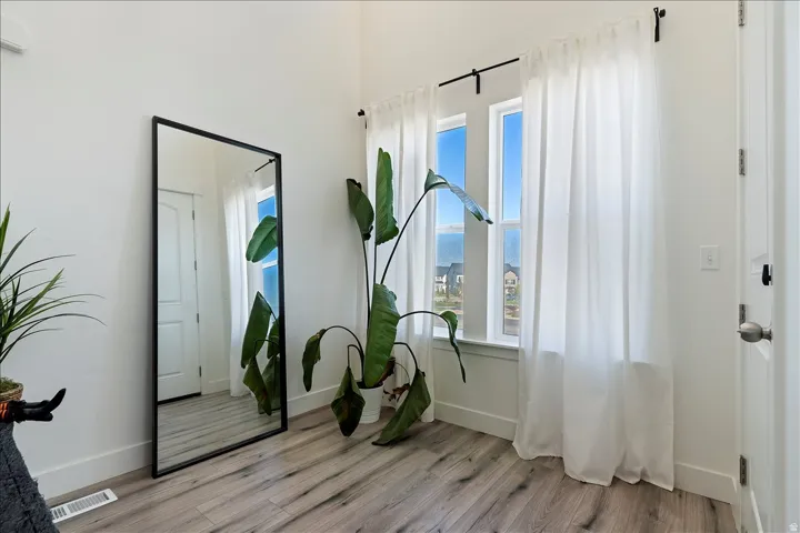 Foyer with light wood-style floors and baseboards