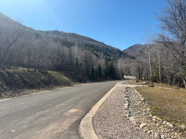 View of asphalt road featuring a mountain view and a wooded view