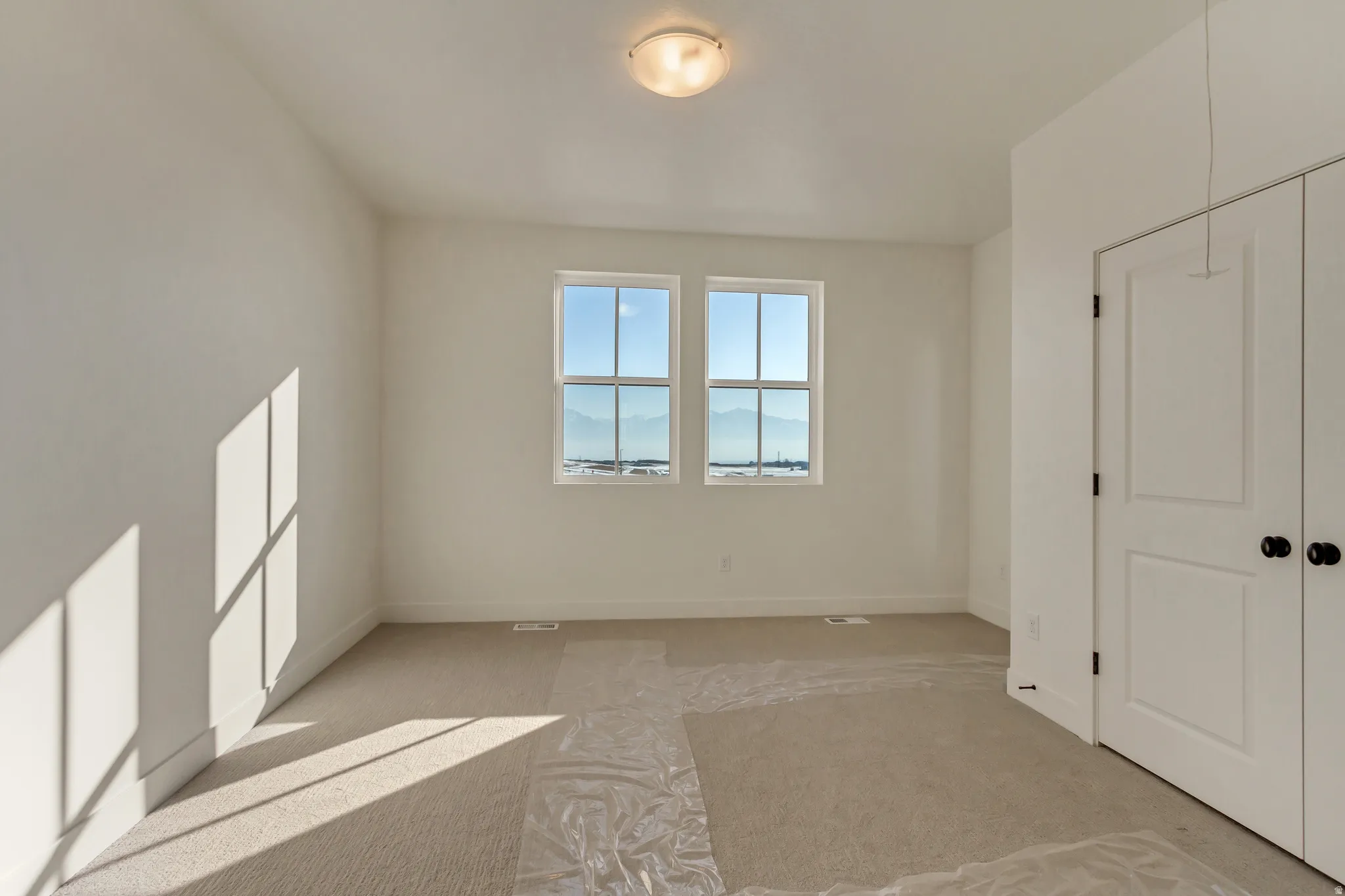 Unfurnished bedroom featuring light colored carpet and a closet