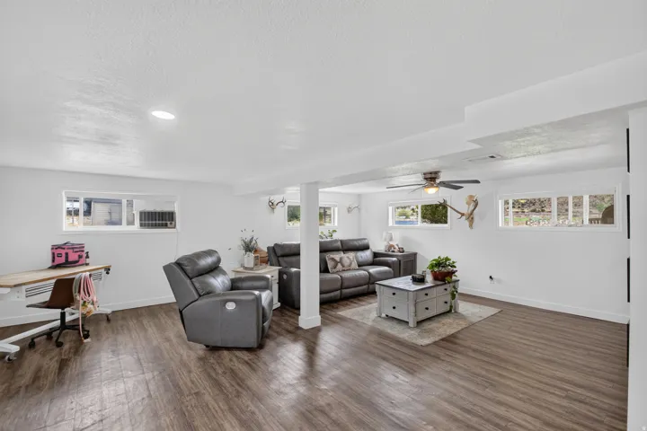 Unit 2B: Spacious room with wood-finish flooring, white walls, and multiple windows providing natural illumination