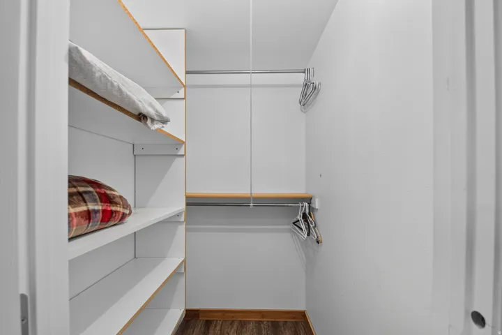 Unit 3: Built-in shelving, chrome hanging rods, wood-finish flooring