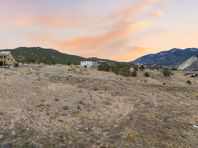 Expansive lot with varied topography, featuring scattered low-lying vegetation and a paved road