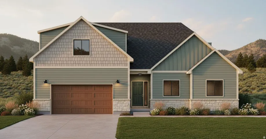 Craftsman house featuring a mountain view, stone siding, and concrete driveway