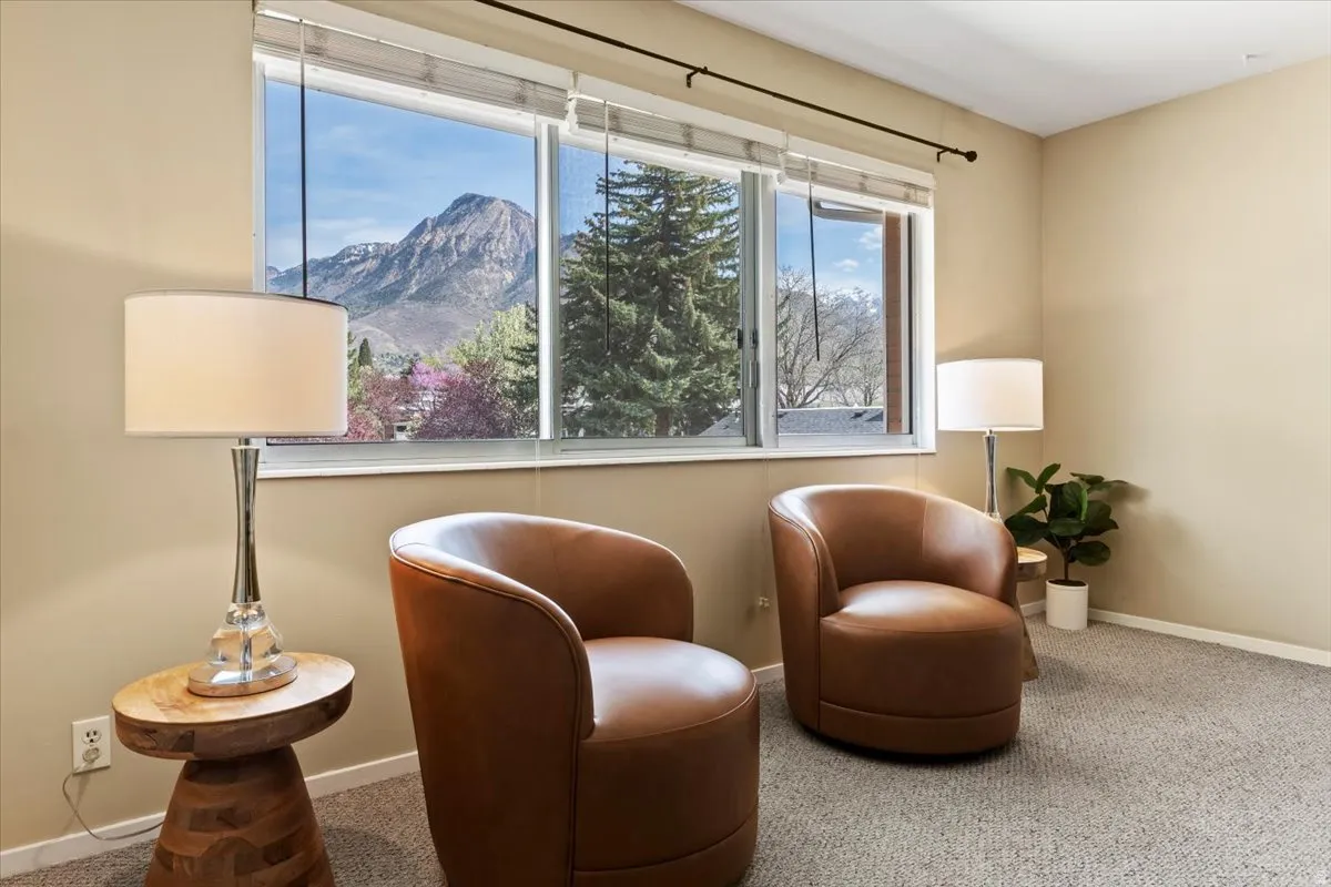 Living area with carpet floors and a mountain view