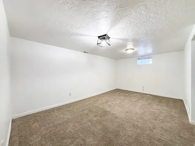 Below grade area featuring carpet floors and a textured ceiling